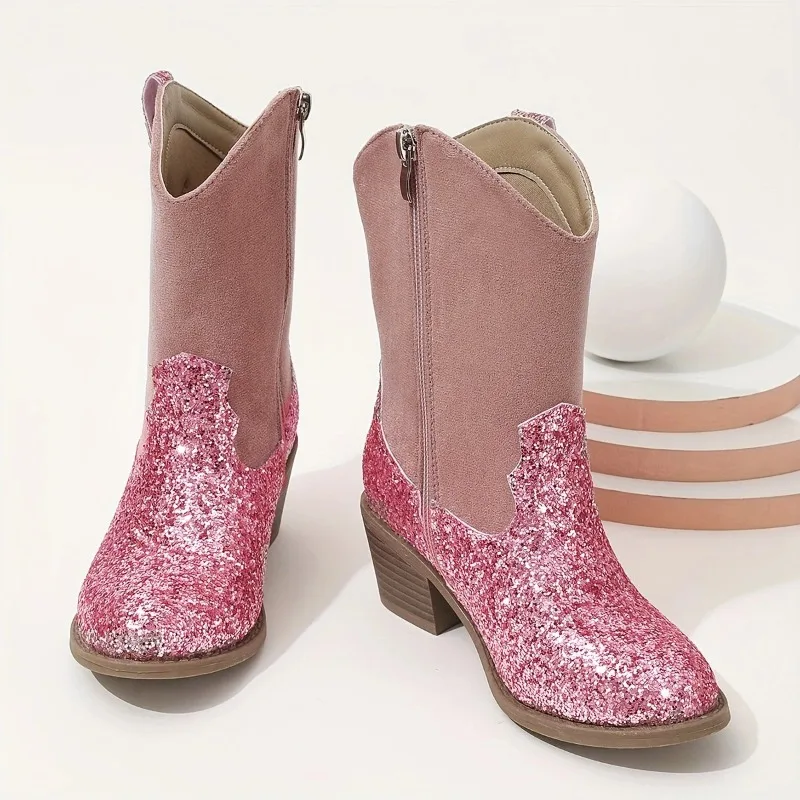 Children's Shoes Round Toe Block Heel Spliced Rhinestone Side Zipper Single Inside Fashion Casual Non-Slip Mid-Tube Girls Boots