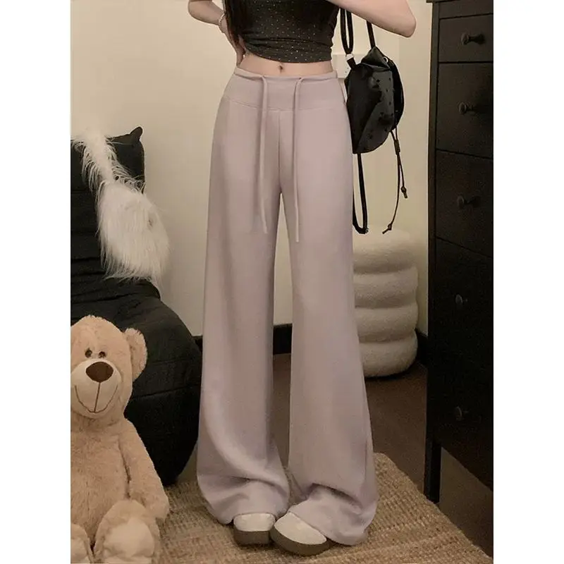 2025 النساء عالية الخصر بنطال ذو قصة أرجل واسعة ربيع الخريف الإناث رمادي الرياضة فضفاض السراويل موضة السيدات بناطيل كاجوال لينة مريحة #3