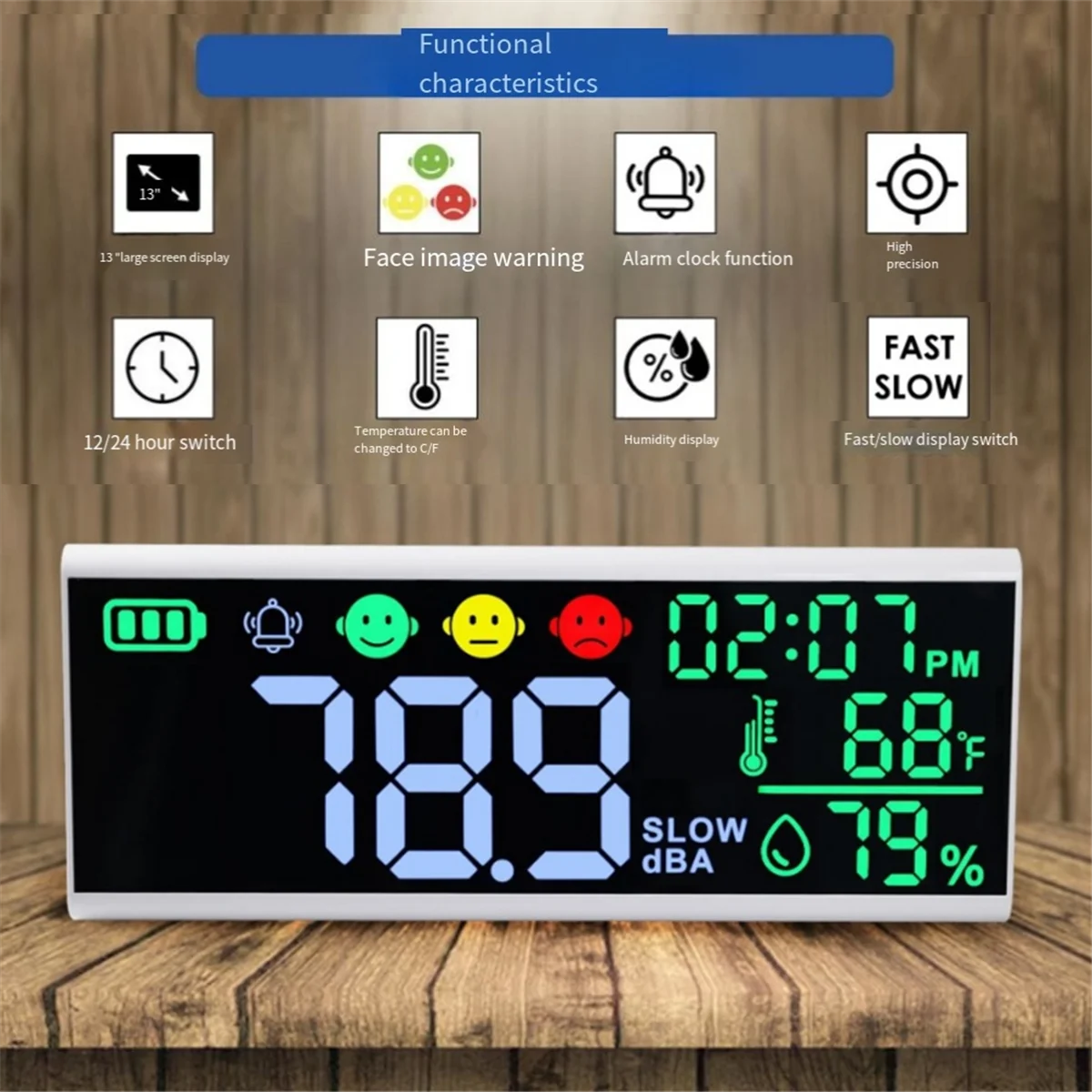 T88C ديسيبل متر 13 بوصة 30-130dB مستوى الصوت متر ، شاشة الكريستال السائل الكبيرة الجدار شنقا مقياس الصوت ، كاشف مستوى الضوضاء