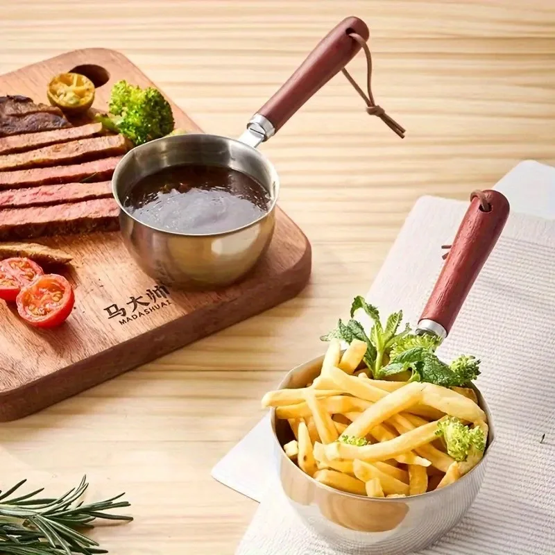 Stainless Steel Skillet with Wooden Handle, Ideal for Melting Butter and Chocolate, with Pouring Spout, Dishwasher Safe