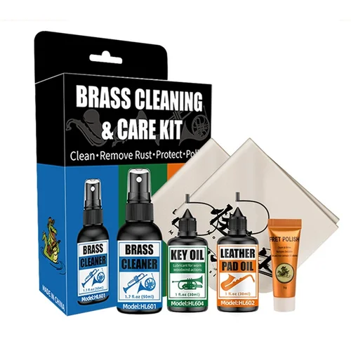 Imagen 1 del producto Kit de limpieza de instrumentos de latón, Kit de cuidado de trompeta, almohadilla de aceite para cuero, aceite, pulido y limpiador de latón para bocina de saxofón