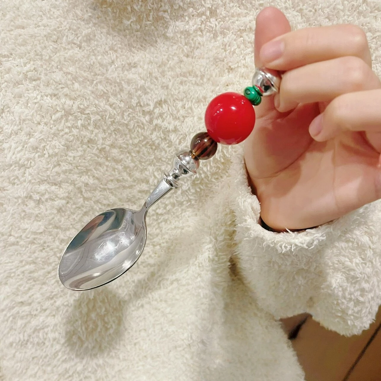 Retro Colorful Beaded 304 Stainless Steel Spoon Fork Set, Creative Cute Western Tableware, Dopamine Style Dinner Spoon