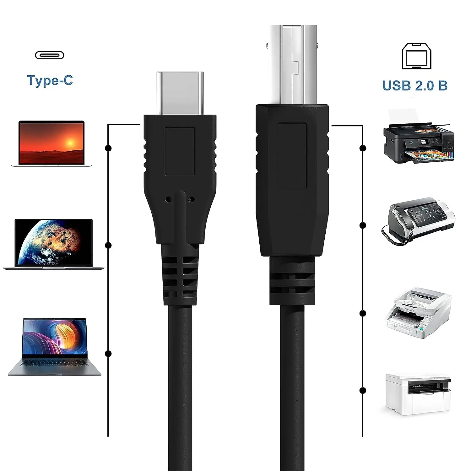 USB-C Type C to USB 2.0 B Data Cable Compatible for Macbook Laptop HP Epson Canon Printer Scanner MIDI Keyboard DJ Controller