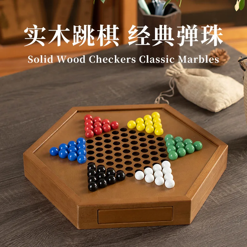 Wooden Chinese Checkers Board Game with Drawer Storage Hexagonal Chessboard for Adults Family Puzzle Toy