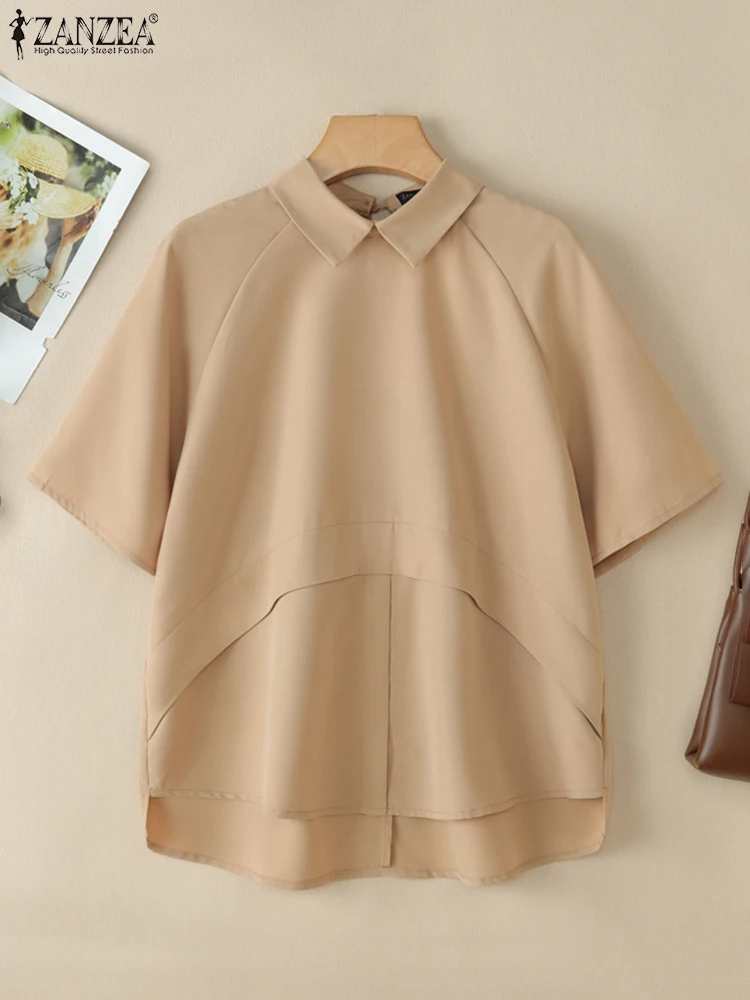ZANZEA Zomer Kantoor Vrouwen Blouse Elegante Revers Hals Korte Mouw Stijlvolle Asymmetrische Zoom Blusas Casual Solid Tuniek Tops