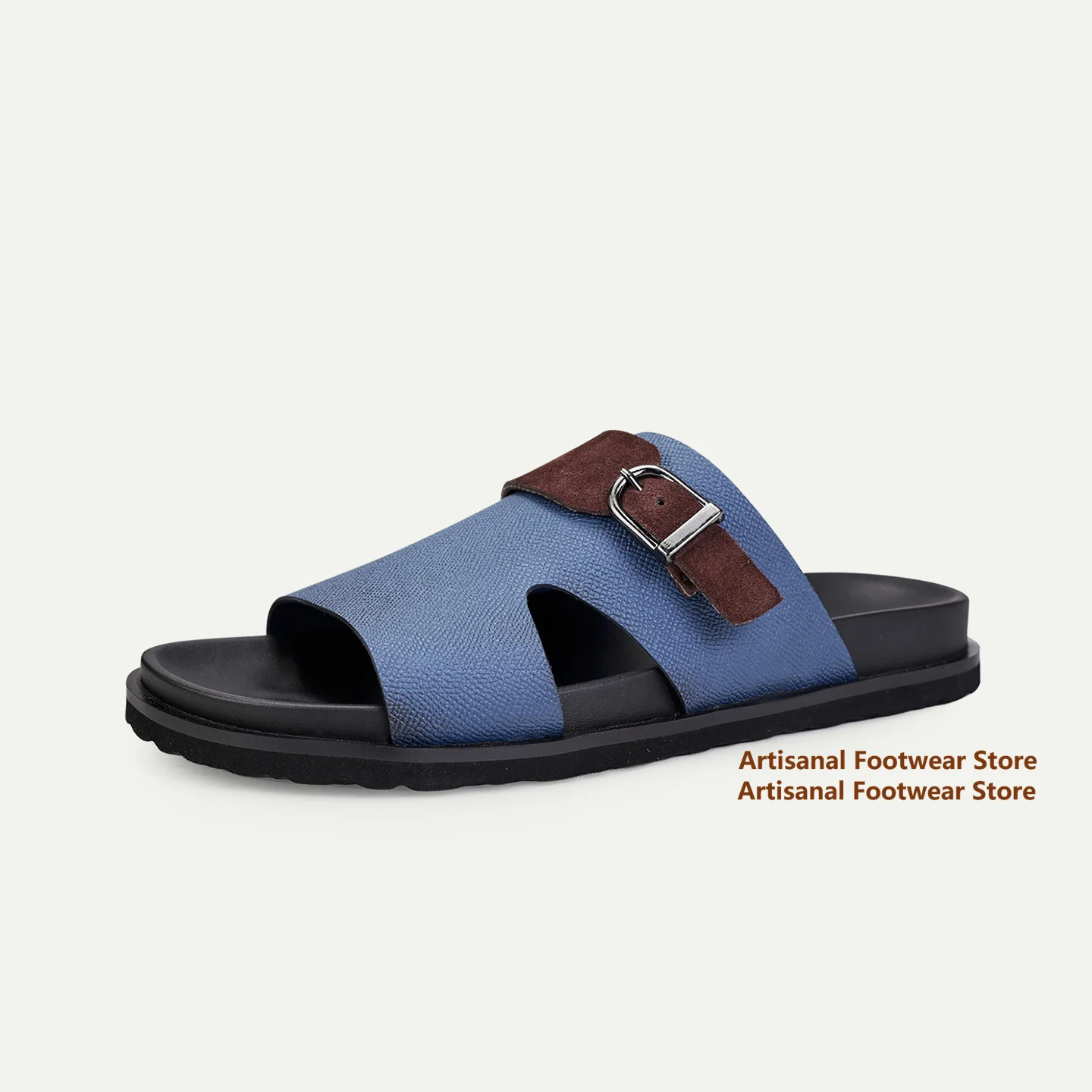 Men's Open Toe Slippers Adjustable Buckle Strap Two Tone Leather Flat Slippers Outdoor Casual Shoes Summer Beach Sandals