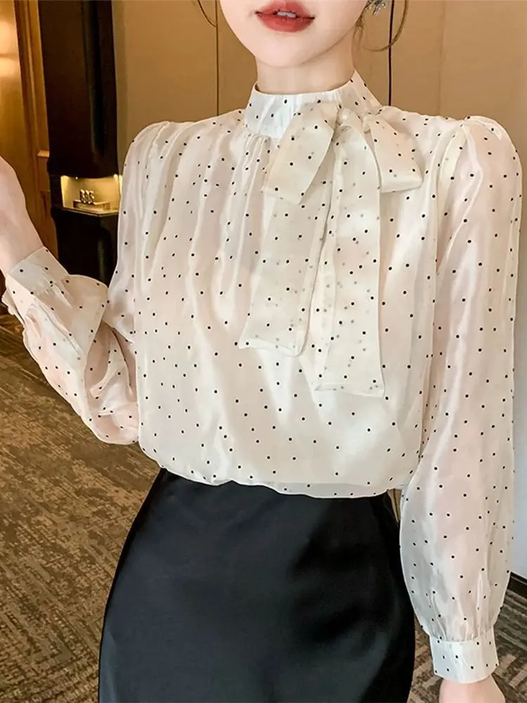 Polka Dot Long Sleeved Chiffon Shirt for Women\'s Clothing New Western-style and Age Reducing Bow Bow Ribbon Style Top