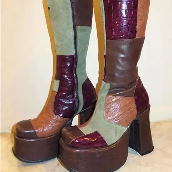 

Женские высокие сапоги-гладиаторы в стиле панк-рок на платформе, замшевые, с круглым носком, на высоком каблуке, с бархатными вставками, в стиле ретро