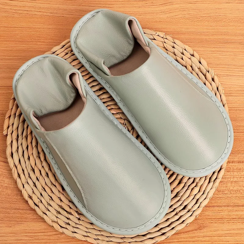 Women's Leather Indoor Slippers Genuine Leather Solid Color Winter Warm Comfortable Home Slippers for Men