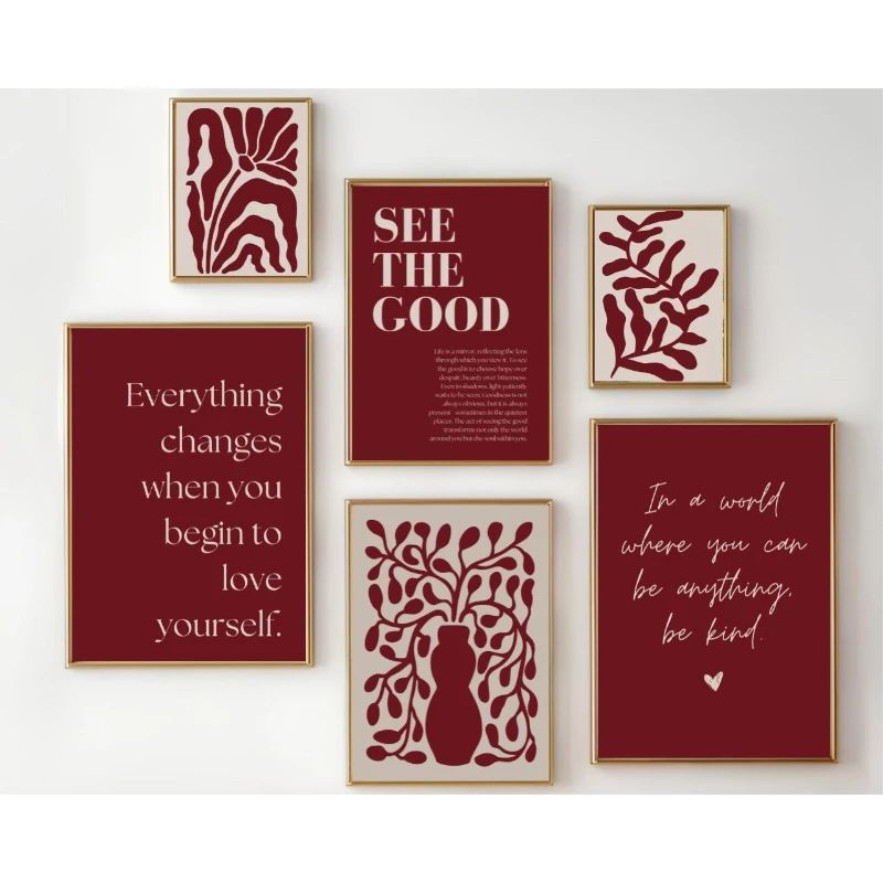 Affiche d'automne de galerie rouge bordeaux, impression d'automne, impression botanique abstraite, impression d'affirmation d'amour, décor artistique mural tendance