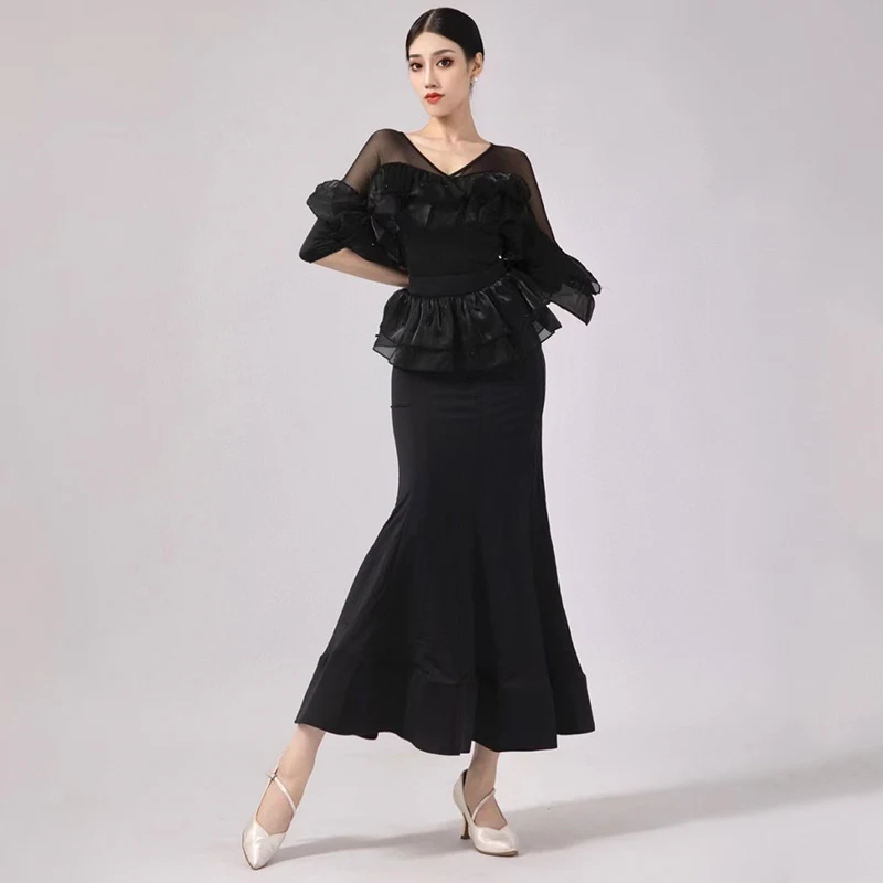 Ballroom Dance Dress Black Ruffled Tops Skirt Women Waltz Dance Performance Costume Adult Practice Competition Clothing BL12102