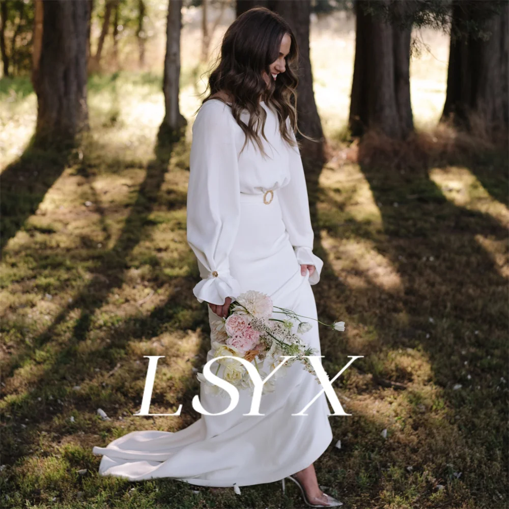 LSYX Sample Boat-Neck Long Puff Sleeves Crepe Mermaid Wedding Dress For Women Open Back Cut Out Bridal Gown Custom Made