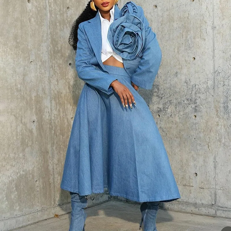 Autumn Winter Denim Two Piece Sets For Women Lapel Long Sleeve Spliced Jacket Tops+High Waist Skirt Elegant Female Clothes Set