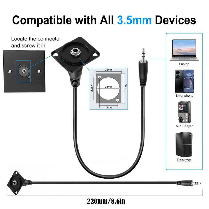 22cm DC3.5mm TRS Male and Female Panel Short Wire Installation Audio Connector TRS 1/8 Stereo Headphone Installation Socket
