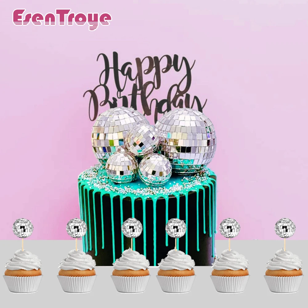 12pcs Mirror Ball Cake Decoration Disco 70\'s 80 Retro Dance Disco Silver Golden Cake Topper Cupcake Birthday Party Club Supplies