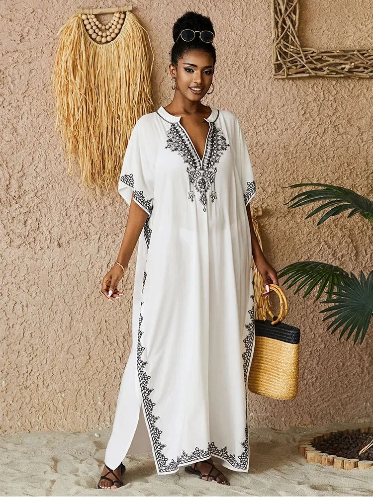 

2023 Bohemian White V Neck Bikini Cover-ups Long Tunic Sexy Kaftan Dress Women Plus Size Beach Wear Swim Suit Cover Up Q1545