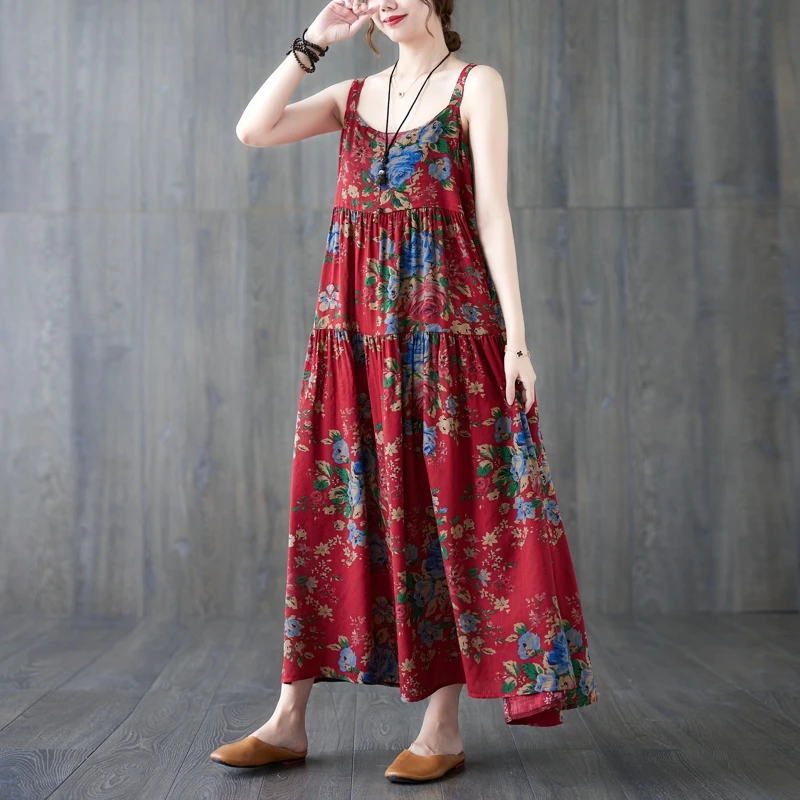 Lâche coton lin longue Dr femmes Midi Vintage Anti-âge imprimé fleuri sangle Dr confortable a-ligne jupe été Dr