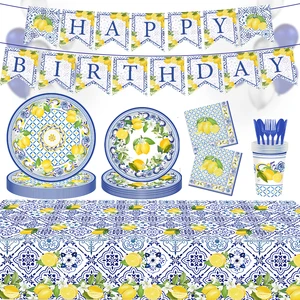 Blau -weißes Zitronenporzellan Thema Geburtstagsdekorationen Party Einweg Besteck Musterbecher 6 Hauptverkaufsporzellanspielgerichte - №2