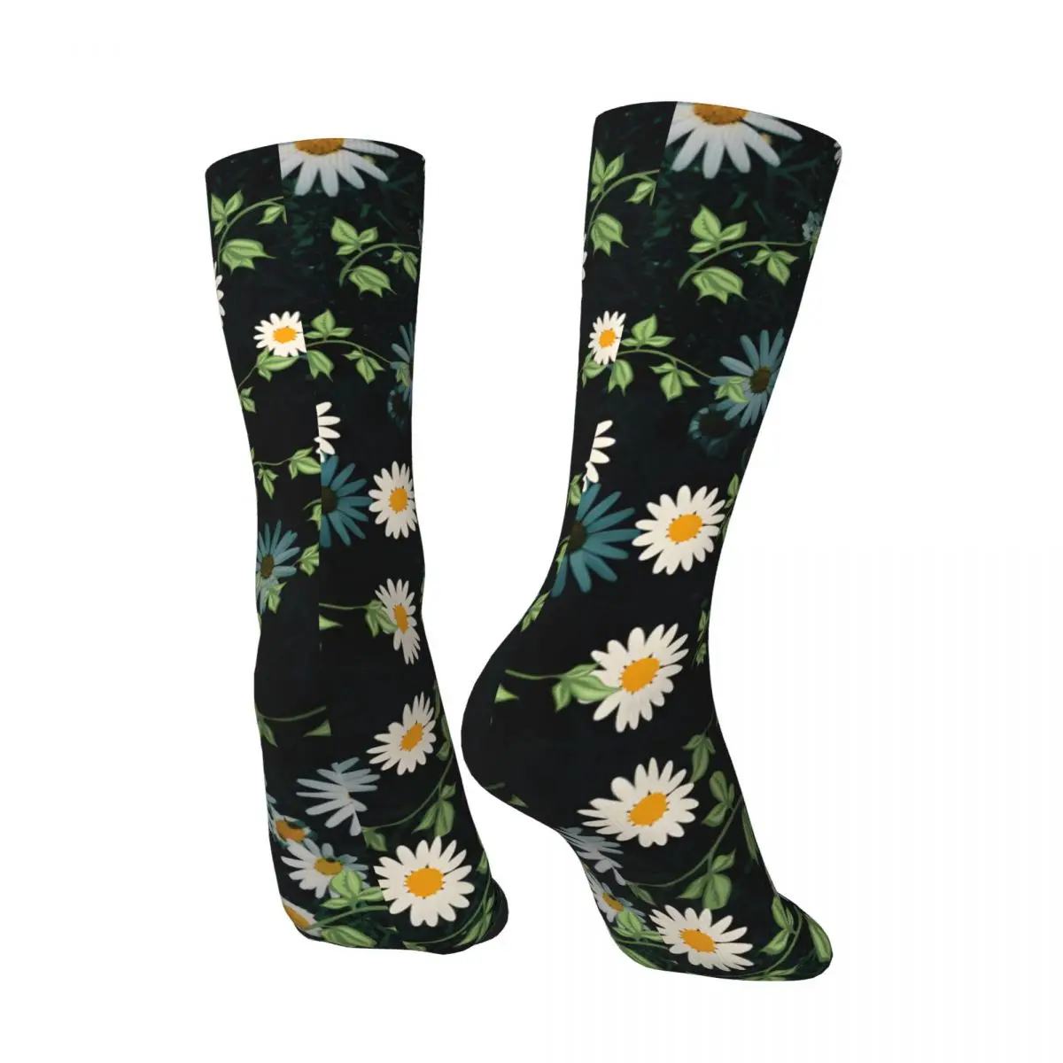 Vintage Spring Floral Daisy Black And Yellow Print Men's compression Socks Unisex Harajuku Seamless Printed Novelty Crew Sock