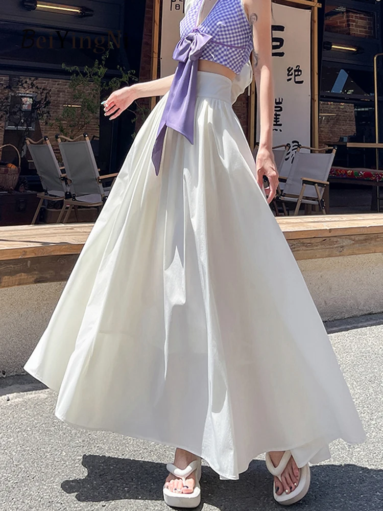 Beiyingni 2025 Summer Ice Silk Maxi Pleated Skirt Woman Solid Color High Waist Slim Women's A-line Long Skirts White Blue Faldas