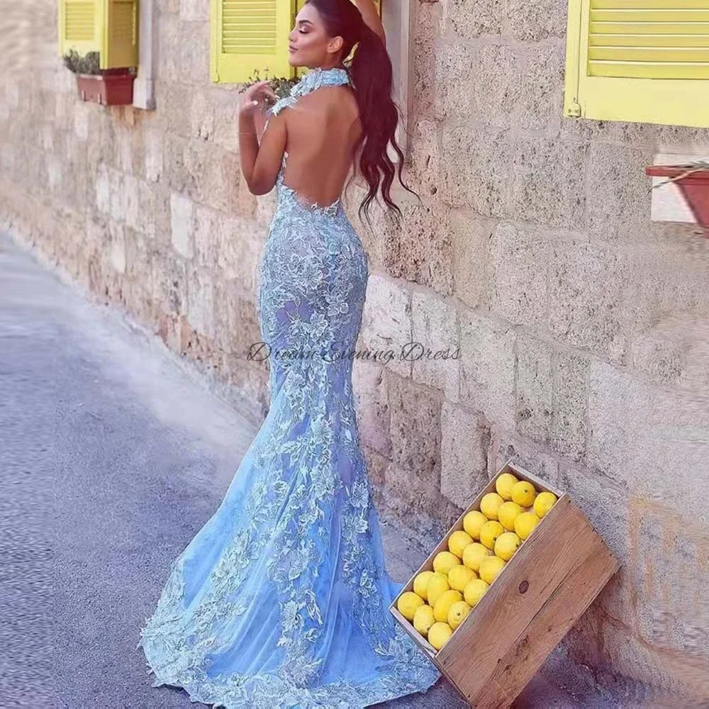 Vestido de noite encantador sereia azul, gola alta, aplique de renda, divisão lateral, bainha destacável, vestido de casamento aberto