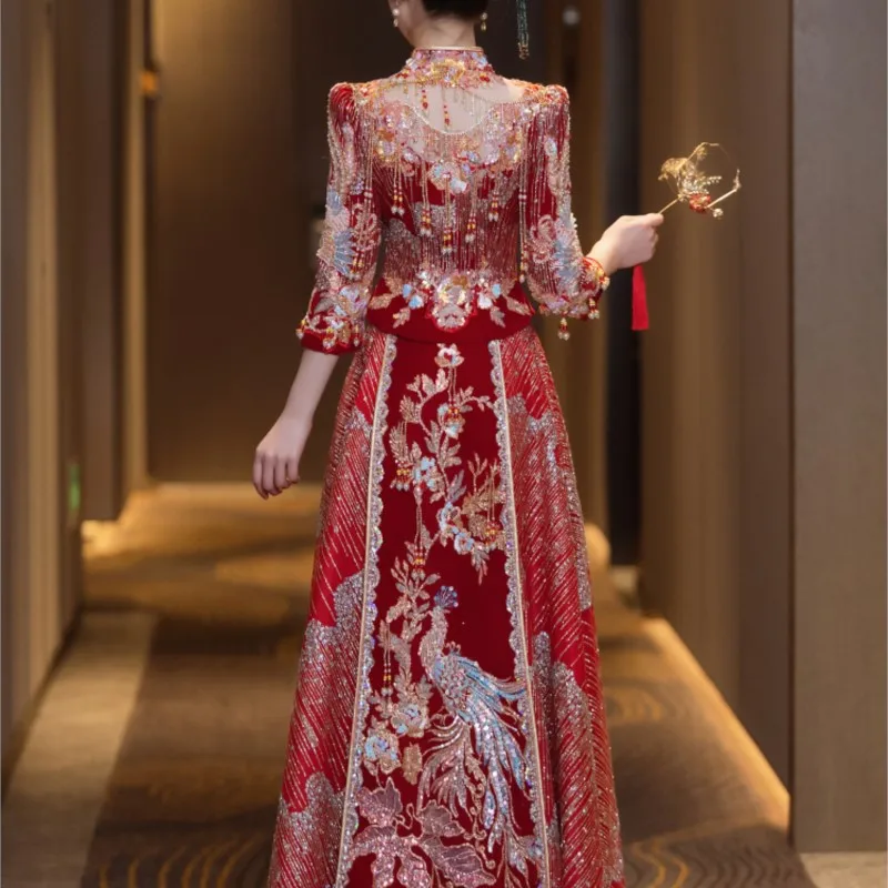 New Chinese-style wedding attire velvet dress for brides heavy and form-fitting