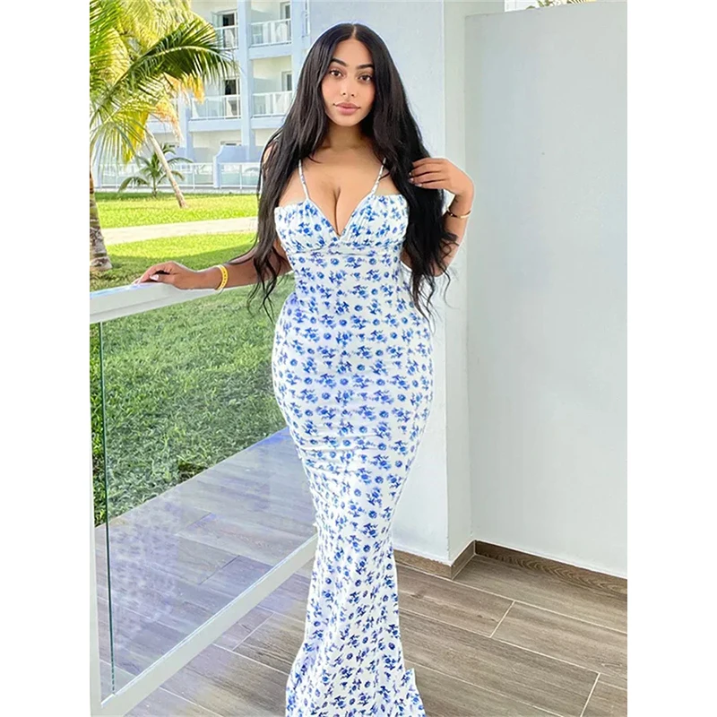 

Flower Print Dress Women Summer Backless Lace-Up Sleeveless Hollow Ruffles Sheath Elegant Midnight Club Party Bodycon