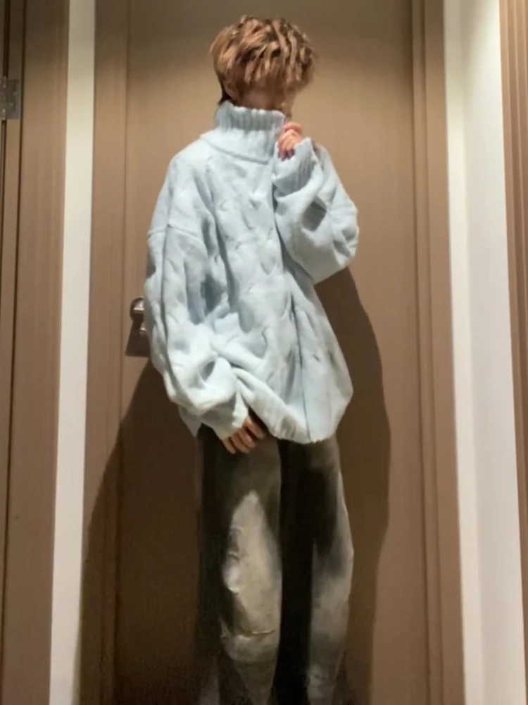 

Мужской кардиган в американском ретро-стиле на молнии, весенний, повседневный, с узором «лапша», молочно-голубой, премиум-класса