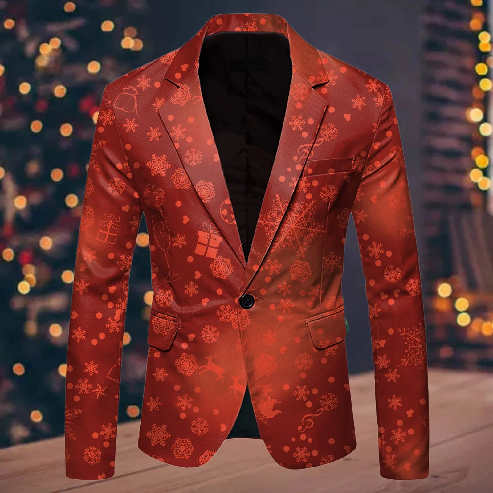 Christmas Tree Snowflake Printed Pocket Suit Coat Men Lapel Single Button Agent Blazer Slim Fit Formal Festive Party Jacket