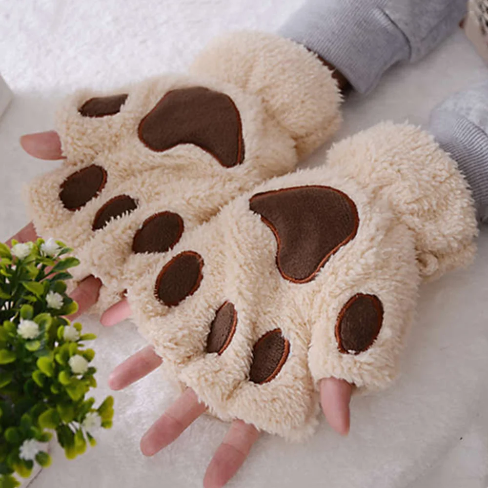 Women Cute Plush Cat Claw Paw Gloves For Girl Novelty Hand Warmer Flip Half Finger Gloves Winter Warm Fingerless Bear Cat Gloves