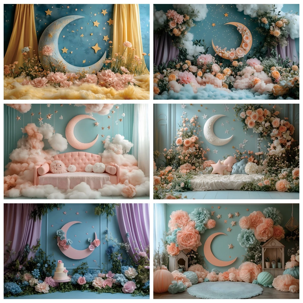 Dreamy Moon Flowers Backdrop Indoor Retro Wall Stars Clouds Baby Shower Girls Kids Birthday Cake Smash Photography Background