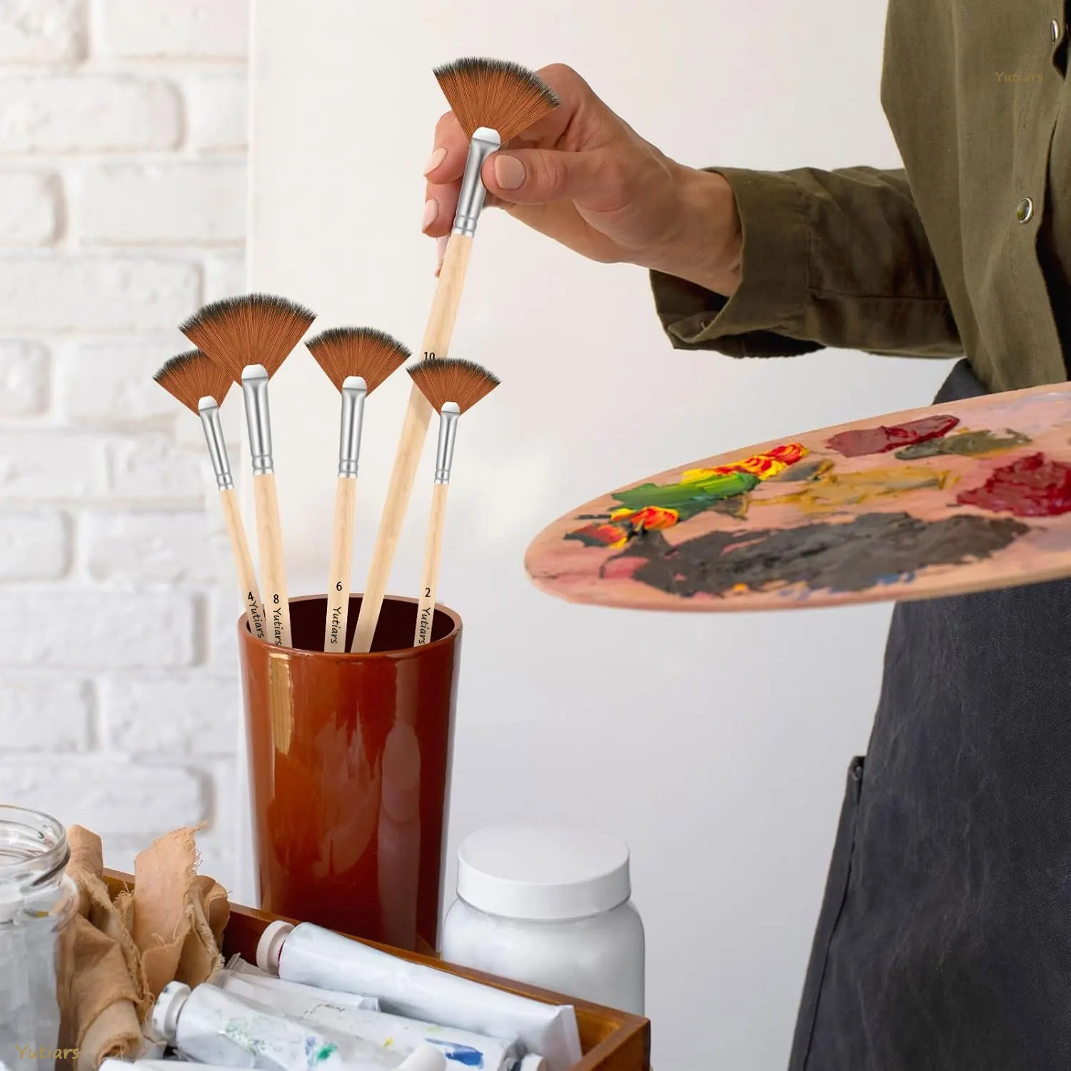 10-delige penselenset, waaierborstels Acrylverfborstels Olieverfborstels met nylon haar en kort schilderij met houten handvat