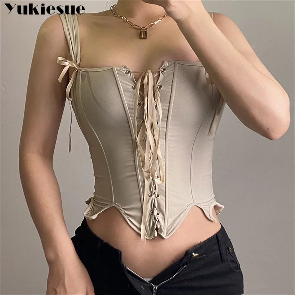 Summer Vintage Corset Bustier Y2K Crop Top Women Cut Out Sexy Lace Up Bandage Sleeveless Tank Tops Fairy Princess Vest Cosplay