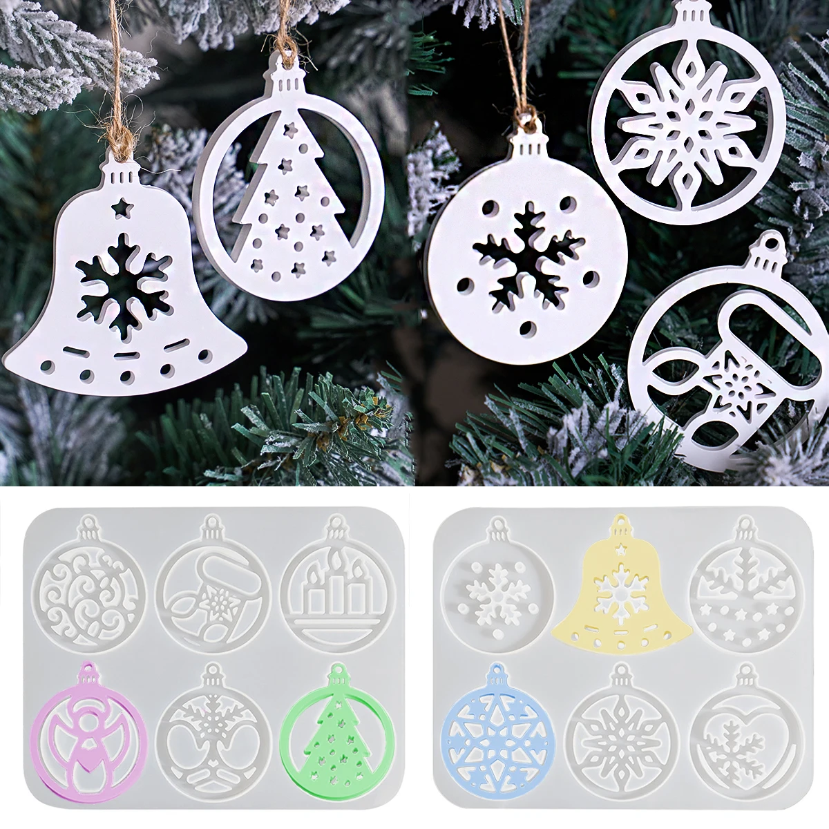 6 Holes Round Christmas Pendant Mold DIY Christmas Theme Handmade Hollow Design Ornaments Plaster Silicone Mold Holiday Decor