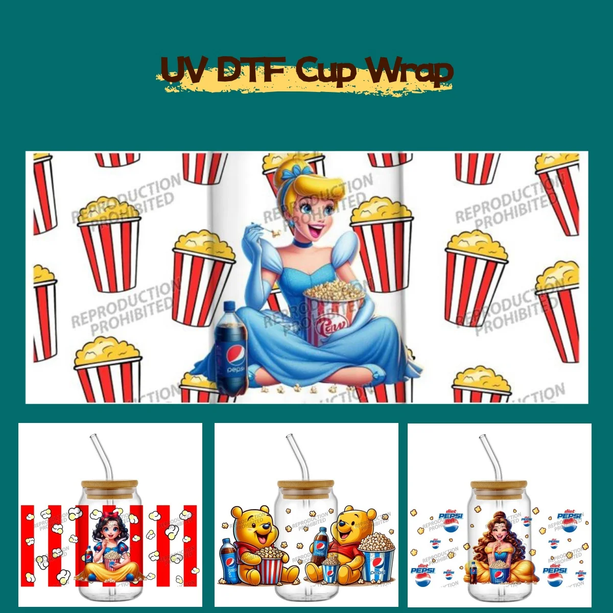 Nuevo diseño de dibujos animados de palomitas de maíz Coca-Cola princesa UV DTF envolturas de tazas para vasos de 16oz impermeable UVDTF pegatina de transferencia taza manualidades DIY