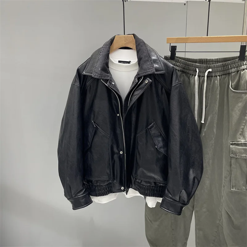 

American Retro Patchwork Fake Two-Piece down Jaet Men's Winter Loose Thi Warm Motorcycle Leather Coat Outerwear