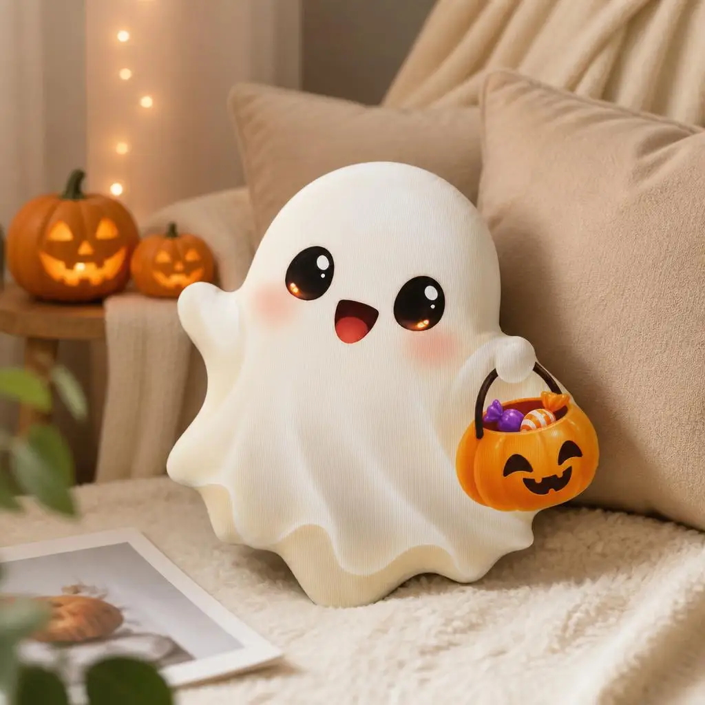 Cute Halloween Ghost Shaped Pillow with Pumpkin Candy Bucket Stuffed Cushion Decorative Throw Pillow for Sofa Home Decor