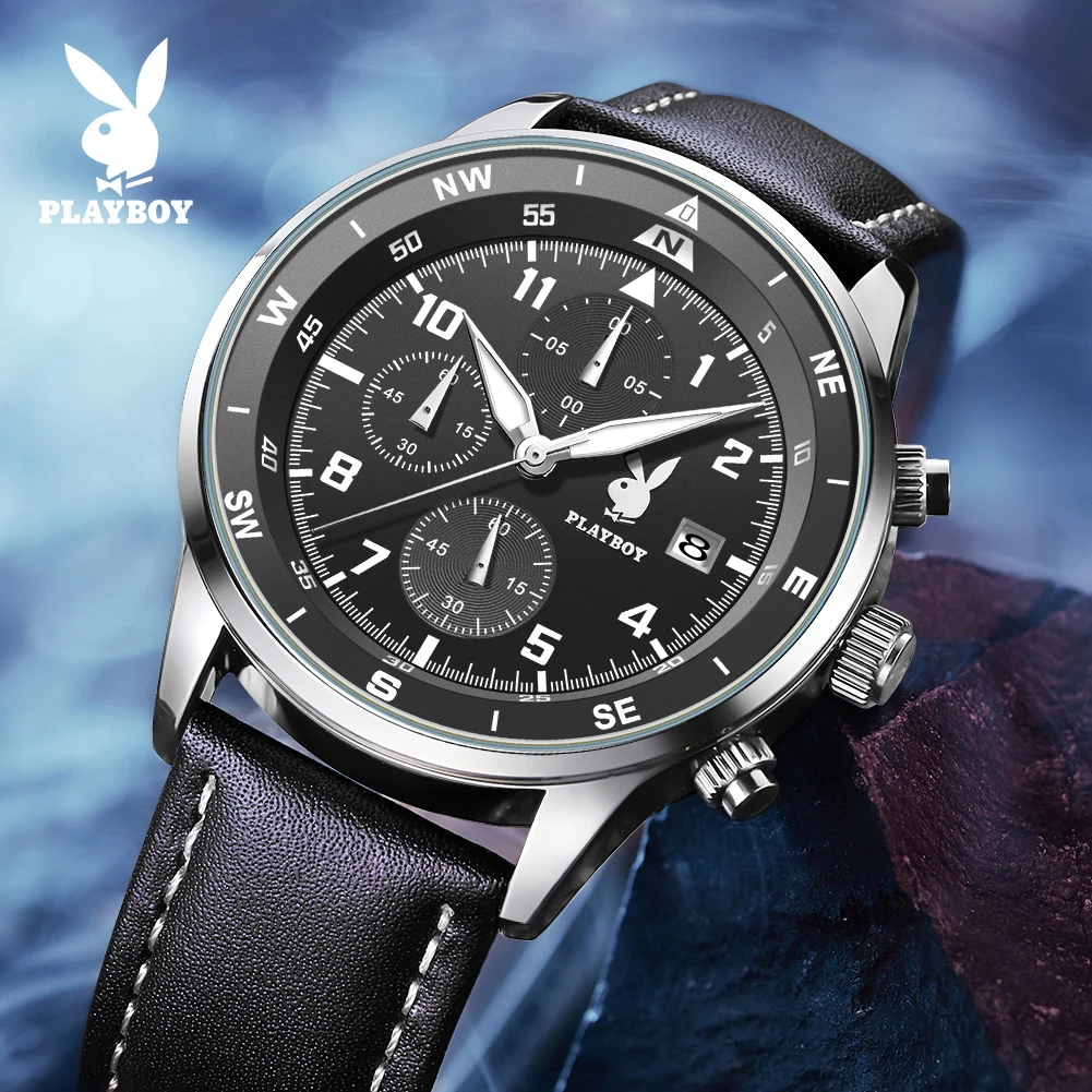PLAYBOY 3303 Brand Original Authentic Watches for Man Luxury Leather Strap Chronograph Calendar Quartz Men's Watch