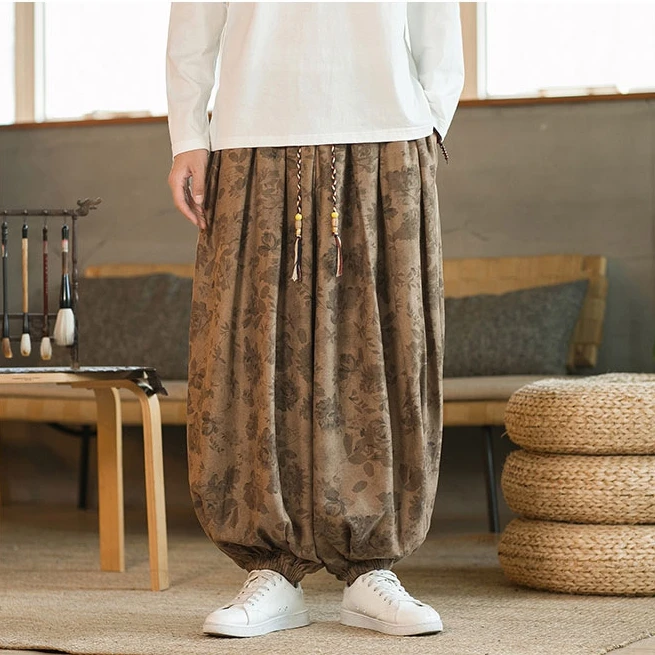 Pantaloni a gamba larga da uomo Pantaloni a gamba larga larghi in velluto a coste con fiori scuri in stile cinese Pantaloni a gamba larga larghi da uomo
