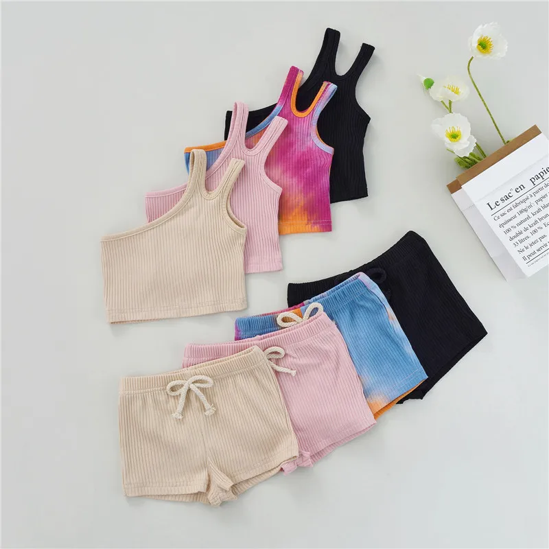 Conjunto de ropa de verano para niñas de 1 a 5 años, Tops sin mangas y pantalones cortos con hombros descubiertos, Color sólido mezclado, Tie-Dye