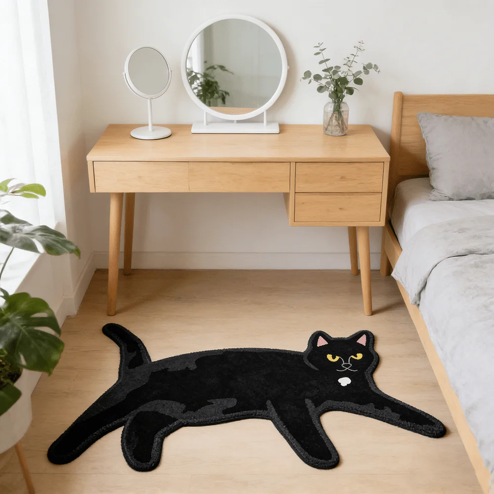 VIKAMA Cartoon Black Cat Floor Mat, Soft And Non-Slip Bedroom Bedside Rug, Entrance Hall Carpet, Home Decoration