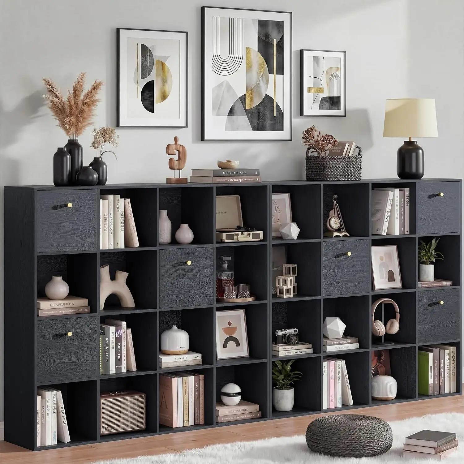 16 Cubes Shelf with 3 Drawers Freestanding Bookcase for Living Room Bedroom Wood Grain 2PCS, Customized