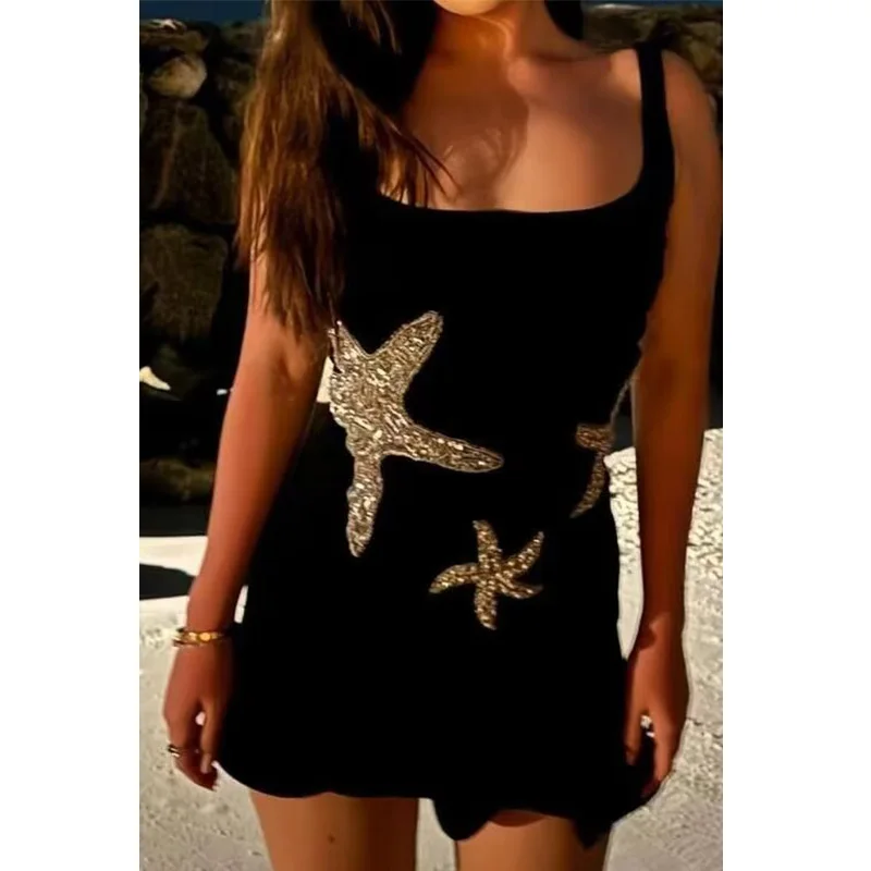 TELLHONEY Women Fashion Square Collar Sleeveless Dress Female Casual Sequined Embroidery Decoration Slim Fitting Mini Dresses