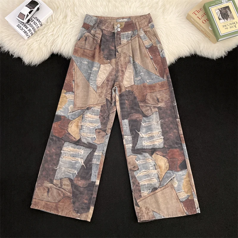 

American Retro Printed Jeans For Men Contrasting Colors Ripped Straight Leg Denim Pants Spring Autumn Casual Fashion Trousers