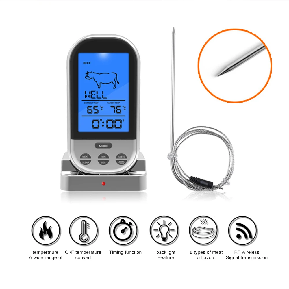 Wireless Meat Thermometer Grill Thermometer with Meat Probe Digital Thermometer with Smart Alert for BBQ Oven Grill Kitchen Tool