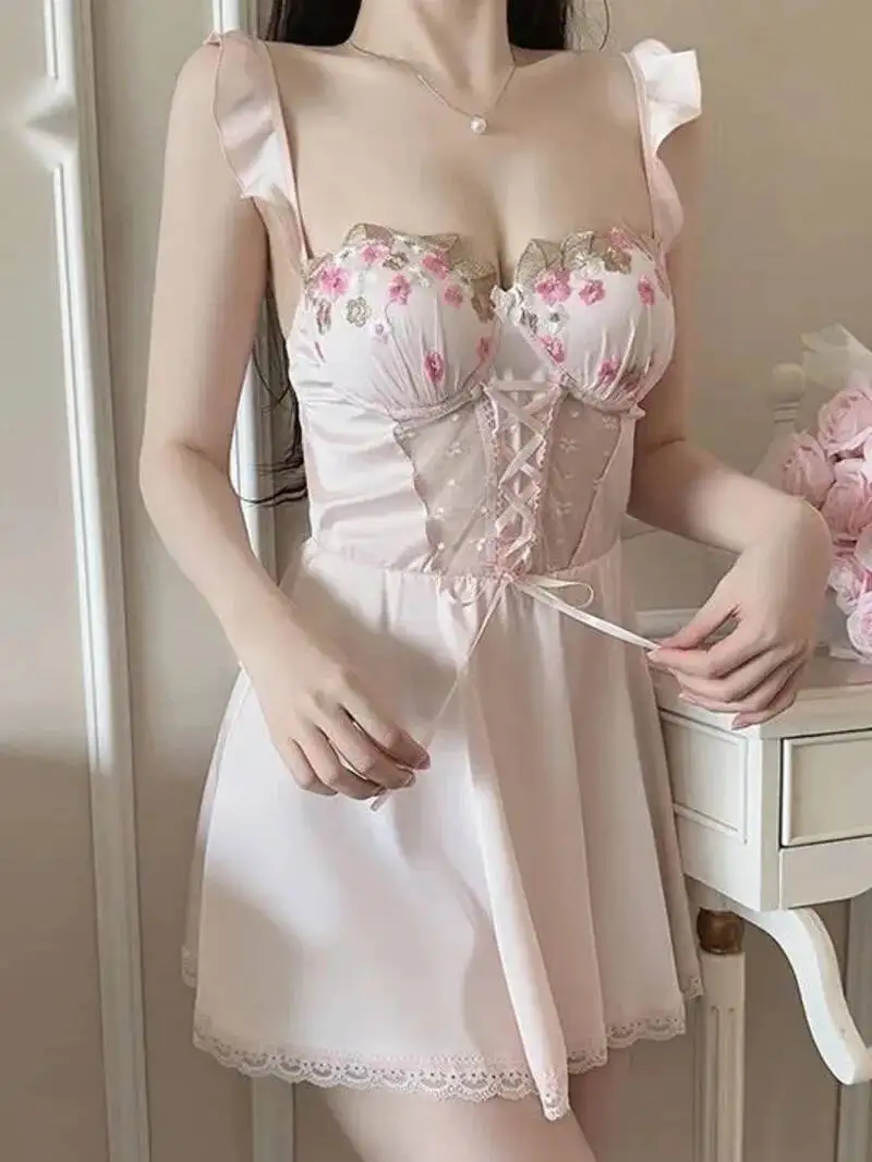 레이디 아이스 실크 드레스 딥 V 섹시 가슴 패드 포함 순수한 매력 레이스 트림 백리스 딥 V 슬리브리스 드레스 OGCW