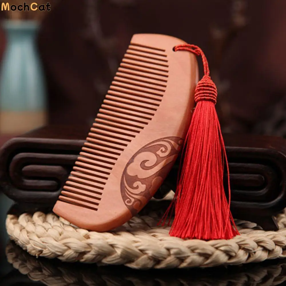 Double Carved Fine Tooth Peach Wide Combs Sandalwood Wooden Massage Hair Comb