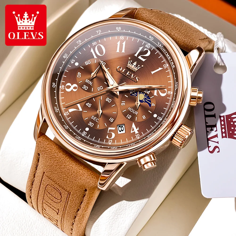 

OLEVS Top Quartz Watch for Men Leather Strap Waterproof Luminous Chronograph Sports Wristwatches Luxury Moon Phase Man Watch New