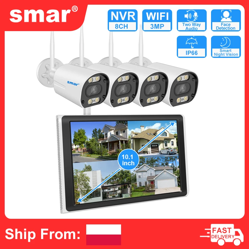 

Smar 5MP/3MP Wifi Camera Kit Ai Face Detect Full Color Vision IP Camera Set 8CH NVR 10.1 LCD Wireless CCTV Surveillance System