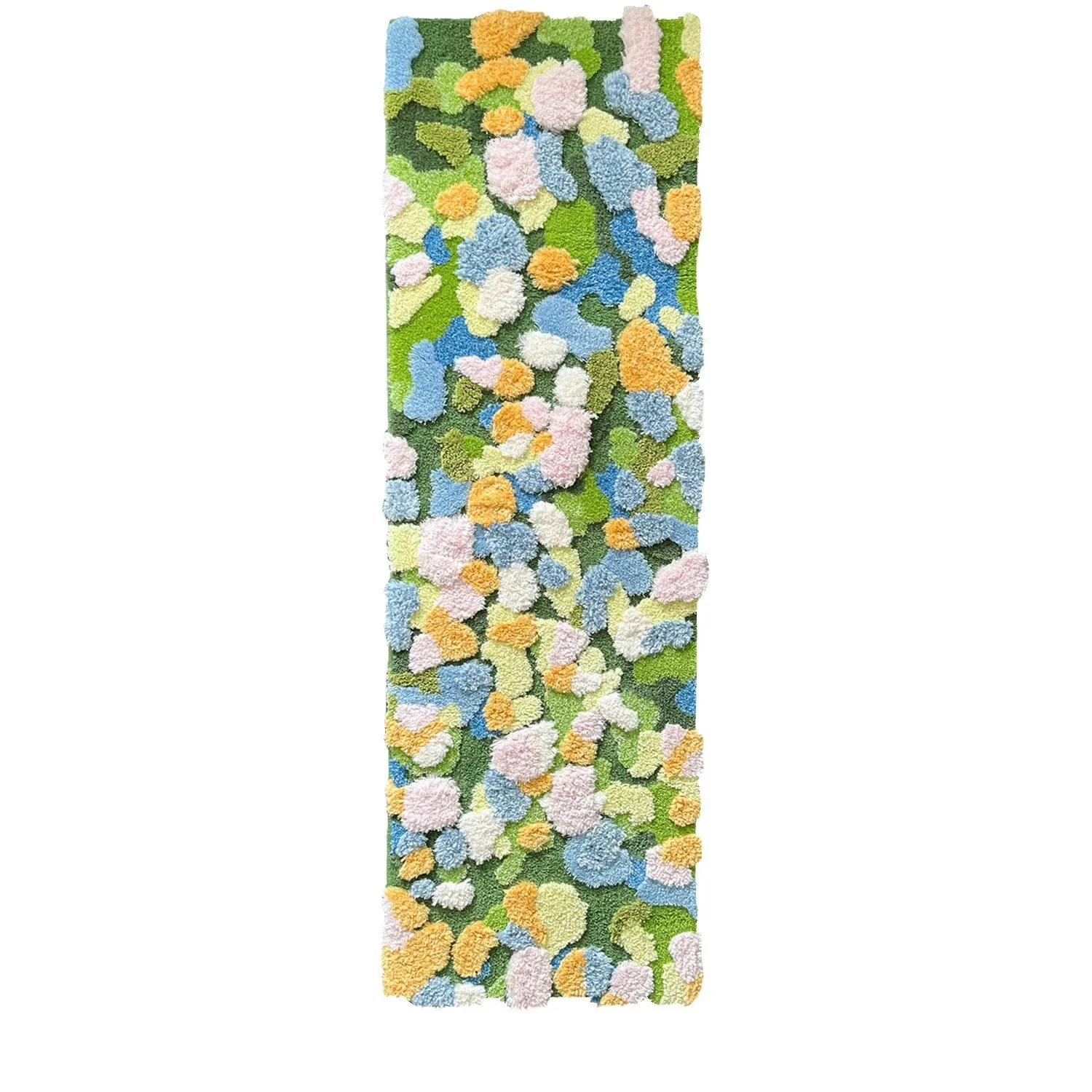 

long bedroom carpet, tufted three dimensional, in front of the versatile bed, you can sit on the carpet to make the room warm